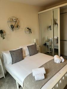 a bedroom with a large bed with a large mirror at Modern spacious apartment in Addlestone in Addlestone