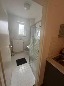 a bathroom with a shower and a sink at Apartmenthaus Iris&Jasmin in Friedrichshagen