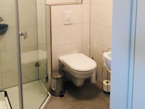 une petite salle de bain avec toilettes et lavabo dans l'établissement Meedehof Moorhausen, WH Ziegenstall, à Varel