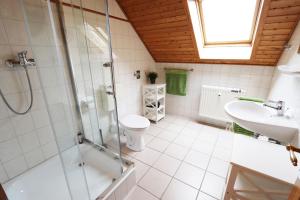 a bathroom with a shower and a toilet and a sink at Feriendorf Blauvogel Blauvogel 001 in Hasselfelde +19 photos