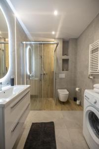 a bathroom with a shower and a sink and a toilet at VIP APARTAMENTY Lubelska in Rzeszów
