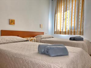 Un dormitorio con dos camas y una ventana. en La Casa del Cuco, en Almodóvar del Río