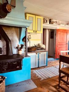 a kitchen with a stove in the middle of a room at Torpet Hagalund, Mariefred in Mariefred