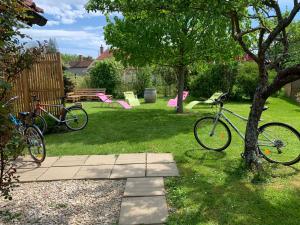 a bike parked next to a tree in a yard at Maison IZARO in Précy-Saint-Martin