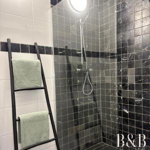 a bathroom with a shower with black tile at B & B In Two Hulten in Hulten +24 photos