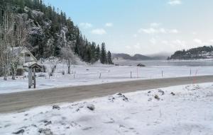 een besneeuwde weg met een huis en een veld bij 5 Bedroom Nice Home In Namsos in Namsos
