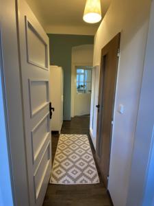 a hallway with a door and a rug on the floor at Enjoy Wien in Vienna +5 photos