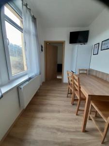 a dining room with a wooden table and a window at Monteurwohnungen in Gera in Gera