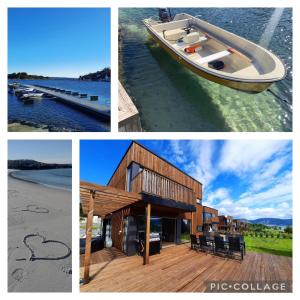 a collage of pictures of a house and a boat at New Villa by the sea in Hervik, Spa and boat rental in Tysvær