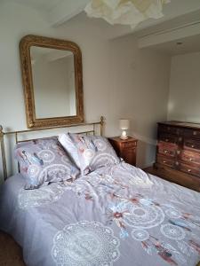 a bedroom with a bed with a mirror on the wall at Le temps de vivre in Baron