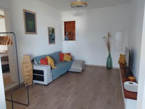 a living room with a blue couch with colorful pillows at Maca'z Grand Bois 2-4 personnes in Saint-Pierre