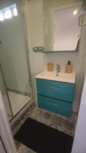 a bathroom with a blue sink and a shower at Le Palmier - Cosy Appartement à 15 min de Paris in Deuil-la-Barre
