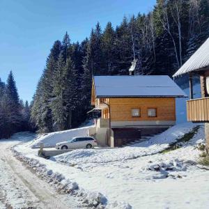 a house with a car parked in the snow at Hiša Lunna - Apartments in a Forest Paradise in Vitanje