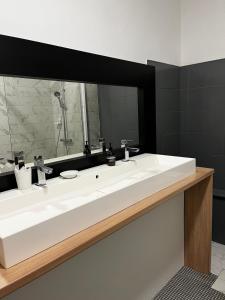 a bathroom with a white sink and a large mirror at Spacieux et lumineux duplex arty au centre de Sète in Sète +28 photos