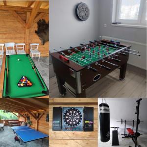 a collage of photos with a foosball table at Chata Lomňanka in Lomná