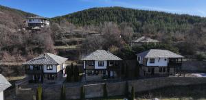 an aerial view of a village with houses and a mountain at Трите къщи in Leshten