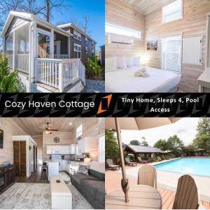 eine Collage mit vier Bildern eines Hauses in der Unterkunft Cozy 1BR Tiny Home with Pool Access and Free Tix in Flat Rock