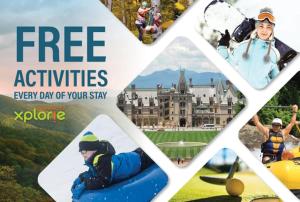 ein Flyer für kostenlose Aktivitäten mit einem Bild eines Schlosses in der Unterkunft Cozy 1BR Tiny Home with Pool Access and Free Tix in Flat Rock + 15 Fotos