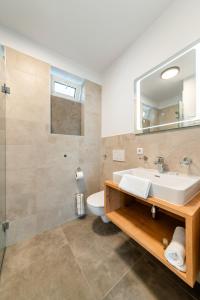 a bathroom with a sink and a toilet and a mirror at Das Sill by Inncomer in Innsbruck
