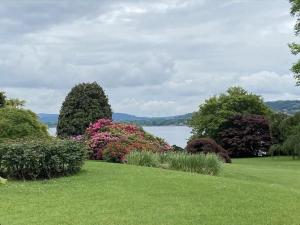 un parco con fiori e un lago sullo sfondo di Oasi Lèsia - La Casa sul Lago con Spiaggia privata e piscina vista lago a Lesa