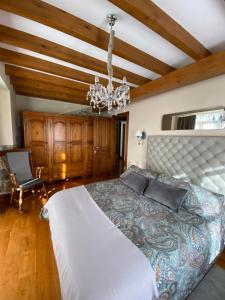 een slaapkamer met een groot bed en een kroonluchter bij FORJAS DE ORZALES in Orzales +45 foto's