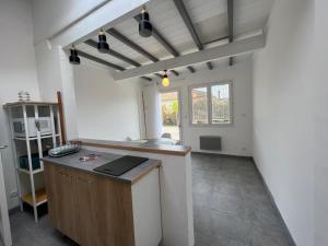 a kitchen with a counter in the middle of a room at maison de campagne in Bazillac