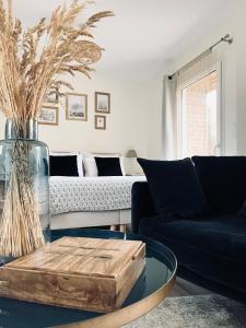 a living room with a couch and a coffee table at MAISON MOZ entre Chambord & Cheverny in Fontaines-en-Sologne +27 photos