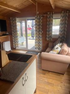 a small kitchen and living room with a couch at The Lodge in Penrydd