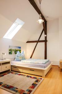 Un dormitorio con una cama y una claraboya. en FeWo Schöna45, en Schöna