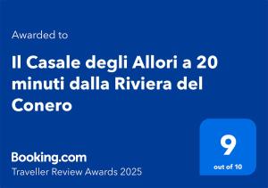 Il Casale degli Allori a 20 minuti dalla Riviera del Conero tanúsítványa, márkajelzése vagy díja