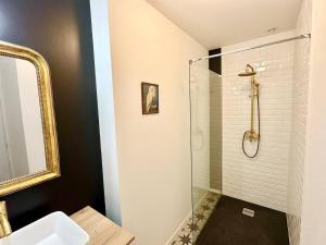 ein Badezimmer mit Dusche, Waschbecken und Spiegel in der Unterkunft Le Manoir des Sortilèges à Reims in Reims + 14 Fotos