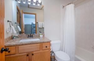 a bathroom with a sink and a toilet and a shower at Greenbrier Townhouse #25 in Avon +22 photos
