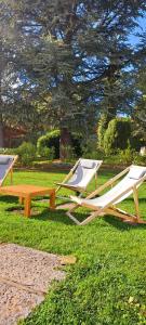 two picnic tables and a bench in the grass at El Chalet de los molinos in Los Molinos
