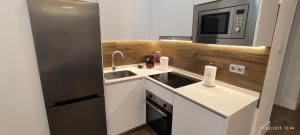 Una pequeña cocina con fregadero y microondas. en El Mirador de El Retiro, en Madrid