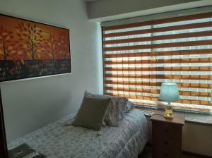 a bedroom with a bed and a window with a lamp at Garcia hurtado departamento diario in Osorno