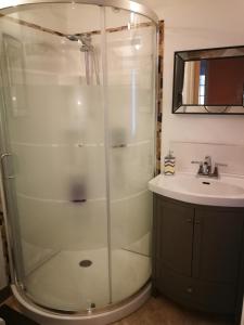 un bagno con doccia e lavandino di Paradise Eastern Township cottage a Cowansville Altre 16 foto