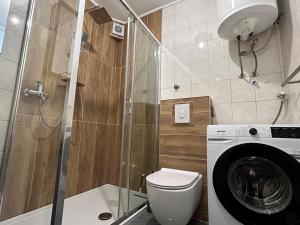 a bathroom with a toilet and a washing machine at Anchor Apartment in Stanići Near Omiš in Stanići