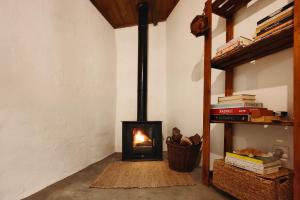a fireplace in a room with a book shelf at Refúgio da Alma in Mafra