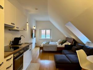a kitchen and a living room with a couch at Harmony Living Stylisches Apartment mit Top Lage im Herzen von Graz in Graz