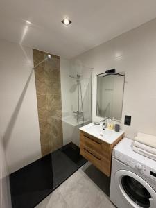 a bathroom with a washing machine and a sink at Zamkowa in Sanok +9 photos
