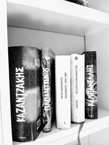 a row of books sitting on a shelf at Petit house Vrachati in Vrachati +11 photos