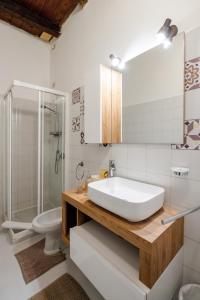 une salle de bain avec un lavabo, une douche et des toilettes dans l'établissement La Corona Home - Lago d'Iseo, à Sale Marasino