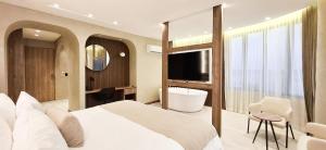 CaucasiaBotanico Hotel y Spa的一间卧室配有一张床、一个水槽和一台电视