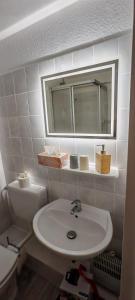 a bathroom with a sink and a mirror and a toilet at Ankerplatz in Travemünde +39 photos