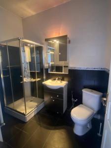a bathroom with a toilet and a shower and a sink at La belle vue in Bologuine Ibnou Ziri +15 photos