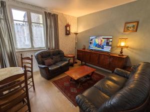 a living room with a leather couch and a television at Le Balcon sur la Meuse in Revin