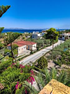 a view of a street and a road with flowers at Vagia Traditional, Aegina Island in Vaia