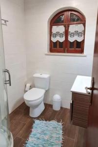 a bathroom with a toilet and a window and a rug at Equinoxea in Nazaré