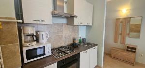 a small kitchen with a stove and a microwave at Sinaia Mountain View Residence Belleview in Sinaia