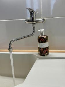 a bathroom sink with a soap bottle next to a faucet at Le Canard du Berry - Wifi - Centre Ville in Bourges +19 photos